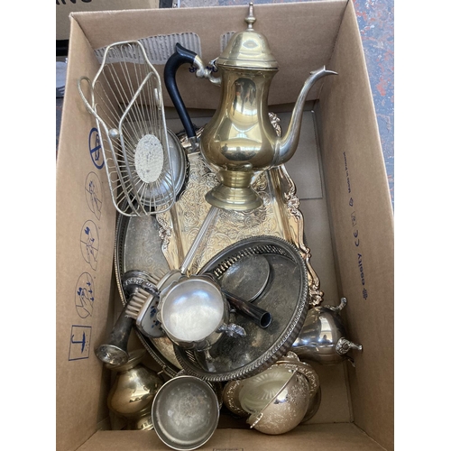 533 - A box containing assorted silver plated ware to include candlestick holders, serving trays, twin han... 