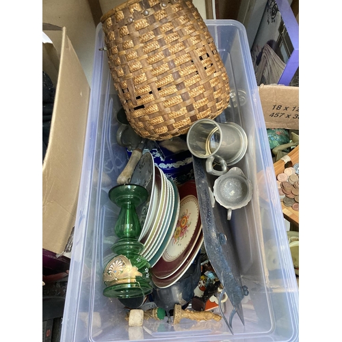 537 - Three boxes, one large wicker basket and two plastic travel cases containing a large collection of a... 