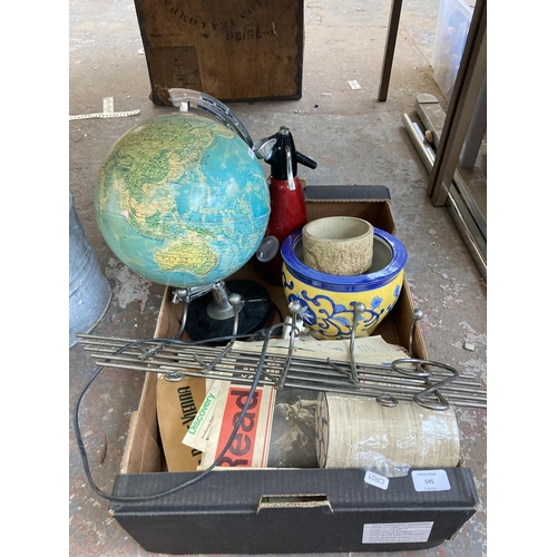 545 - One box and one vintage suitcase containing a collection of assorted items to include galvanised mop... 