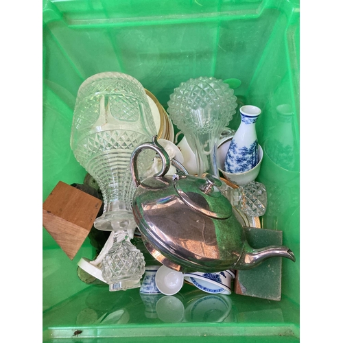 546 - Two boxes containing assorted items to include boxed Oriental iron balls, silver plated teapot, cut ... 