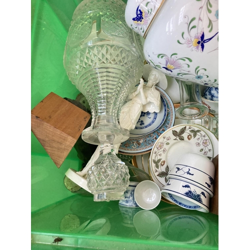 546 - Two boxes containing assorted items to include boxed Oriental iron balls, silver plated teapot, cut ... 