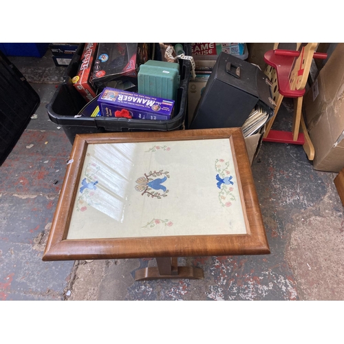 548 - Four boxes containing a large collection of assorted items to include vintage mahogany framed bevell... 