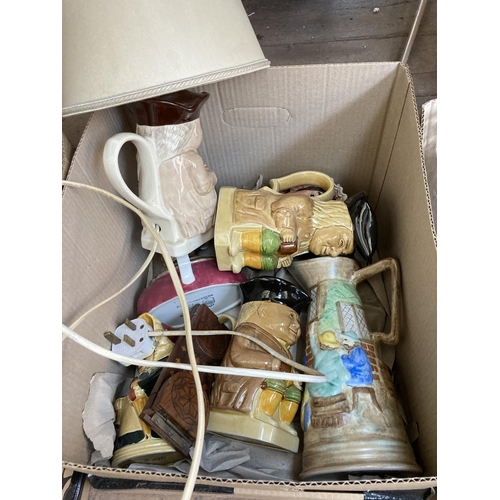 557 - Five boxes containing a large collection of assorted items to include vintage oil lamp with green gl... 