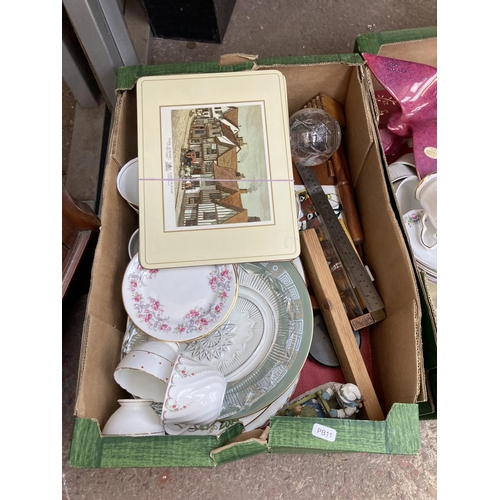 558 - Five boxes and one bag containing a large collection of assorted items to include mahogany corner ca... 