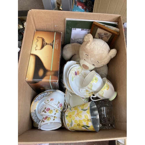 558 - Five boxes and one bag containing a large collection of assorted items to include mahogany corner ca... 