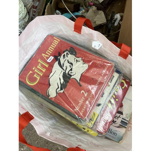 558 - Five boxes and one bag containing a large collection of assorted items to include mahogany corner ca... 