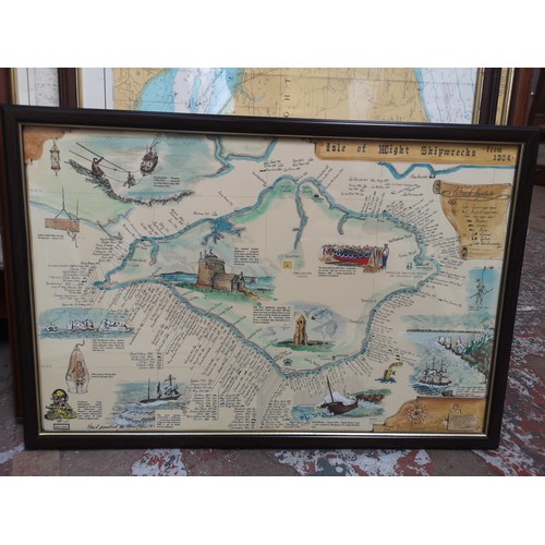 289 - Three framed nautical prints, two marine cartography, Isle of Wight and Irish Sea/Isle of Man and on... 