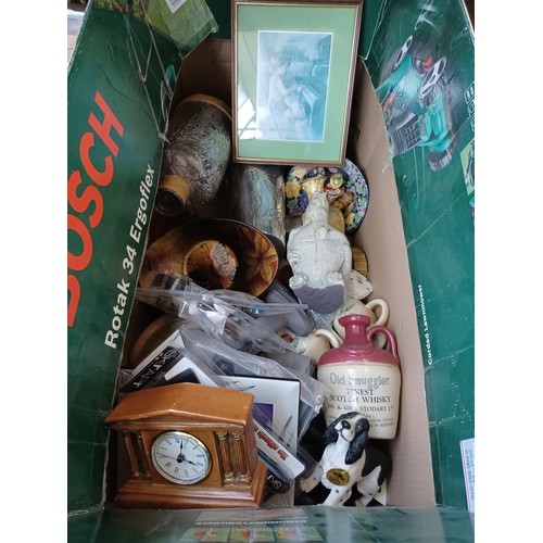 575 - Two boxes containing a collection of assorted items to include 19th century style mantle clock, cera... 