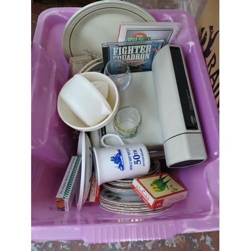 576 - Four boxes containing a collection of assorted items to include cutlery, ceramics, boxed tights, cus... 