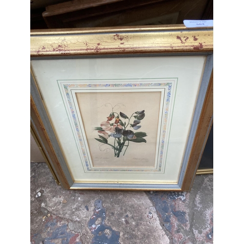 562 - A large collection of framed pictures to include antique Narcisse A Plusieurs Fleurs Var The Fairest... 