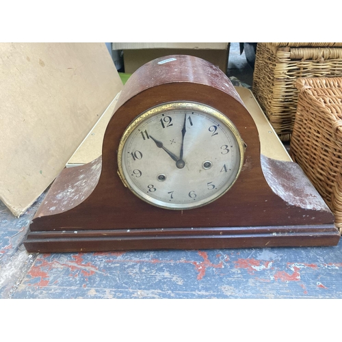 570 - Five items, three wicker baskets, one Edwardian mahogany cased mantle clock and one three-section dr... 