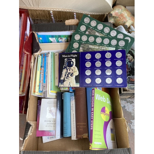 571 - Six boxes containing a large collection of assorted items to include vintage slides, soft toys, boxe... 