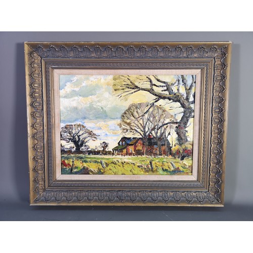 303A - A framed impressionist oil painting titled Cheshire Farmhouse, Winter by Keith Gardner R.C.A. - appr... 