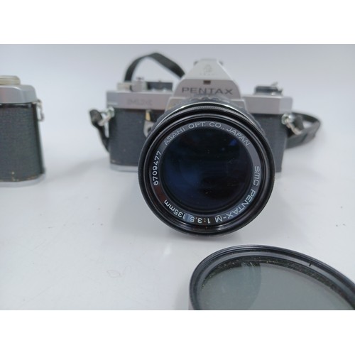 230 - Three Pentax items, one Asahi MX 35mm SLR camera fitted with Asahi Pentax-M 135mm 1:3.5 lens, one ME... 