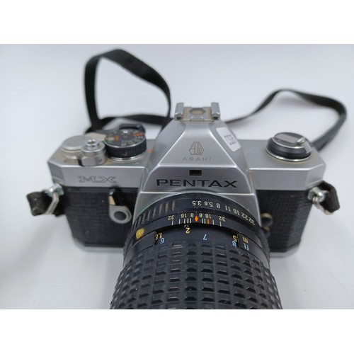 230 - Three Pentax items, one Asahi MX 35mm SLR camera fitted with Asahi Pentax-M 135mm 1:3.5 lens, one ME... 