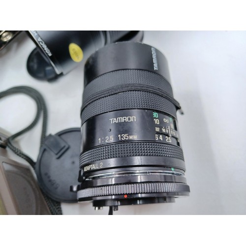 237 - A collection of camera and optical equipment to include cased Konica Hexanon AR 200mm F4 lens, Konic... 