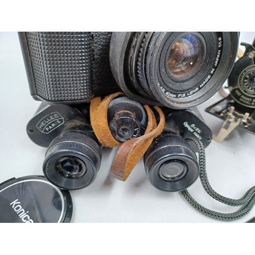 237 - A collection of camera and optical equipment to include cased Konica Hexanon AR 200mm F4 lens, Konic... 