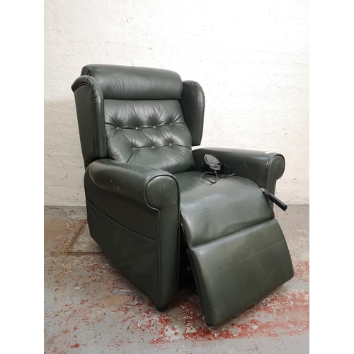 149 - A The Recliner Factory green leather Windsor electric reclining armchair with power supply and remot... 