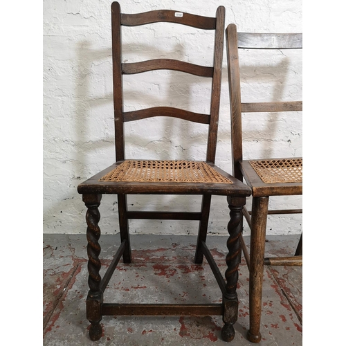 153 - Four pieces of furniture comprising elm Windsor dining chair, pine plate rack and two rattan seated ... 