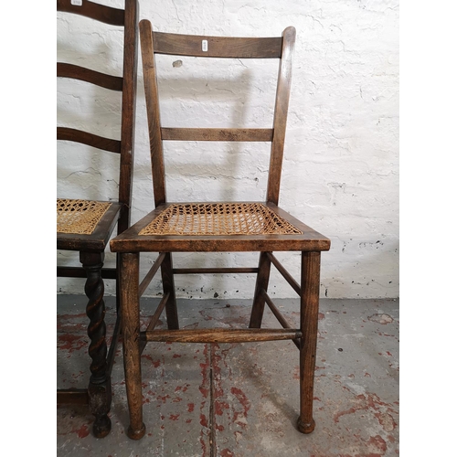 153 - Four pieces of furniture comprising elm Windsor dining chair, pine plate rack and two rattan seated ... 