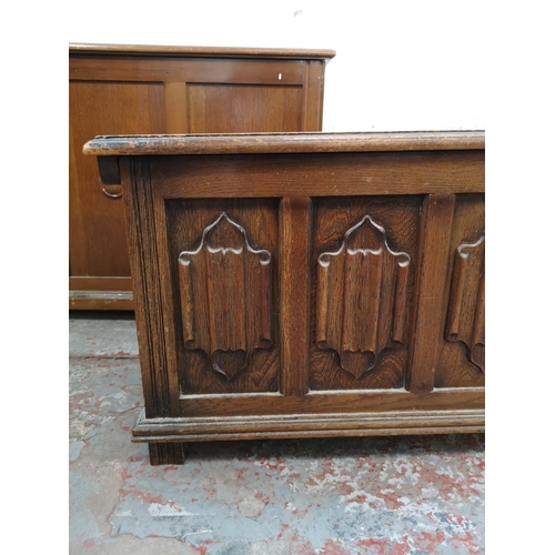 16 - Three pieces of furniture comprising oak linen fold three panel blanket box approx. 40cm high x 59cm... 