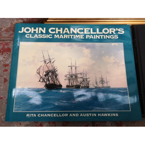 207 - A collection of maritime books and framed prints to include two John Chancellor pencil signed prints... 