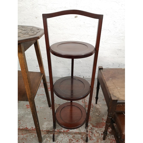 32 - Four pieces of furniture comprising early 20th century beech octagonal side table with carved top, E... 