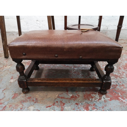 32 - Four pieces of furniture comprising early 20th century beech octagonal side table with carved top, E... 