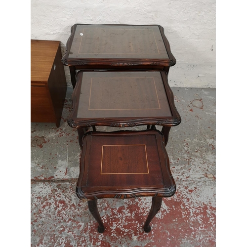 83 - Four pieces of furniture comprising mahogany nest of three tables, Avalon teak blanket box, oak bure... 