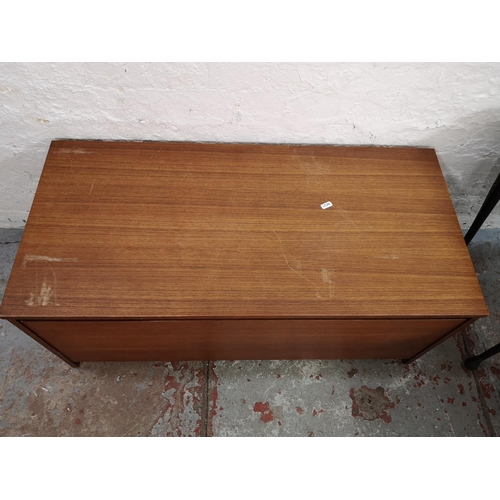 83 - Four pieces of furniture comprising mahogany nest of three tables, Avalon teak blanket box, oak bure... 