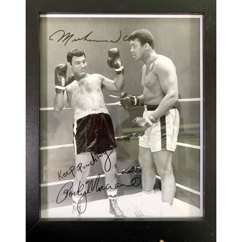 168 - A framed black and white photograph of Muhammad Ali and Rocky Marciano with printed autographs - app... 