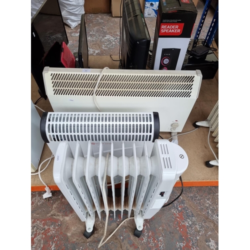 672 - Three electric heaters, one Silvercrest radiator and two convector heaters