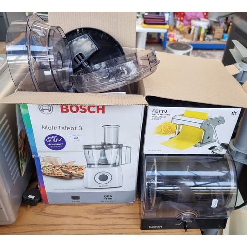 669 - Three items, one boxed Bosch MultiTalent food processor with attachments, one boxed Fettu pasta mach... 