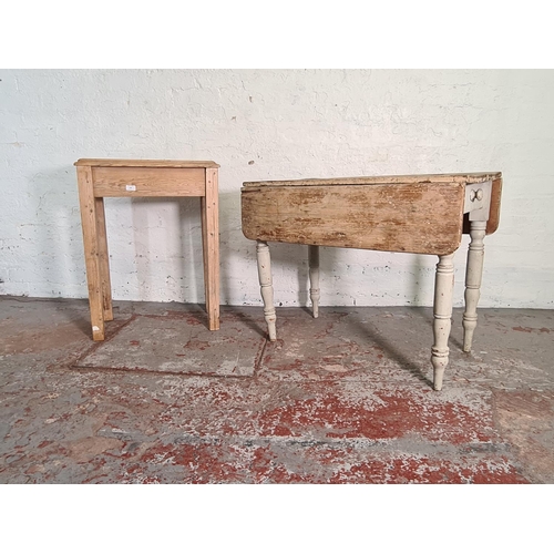 418 - Two pieces of pine furniture comprising Victorian white painted drop leaf kitchen table and rustic r... 