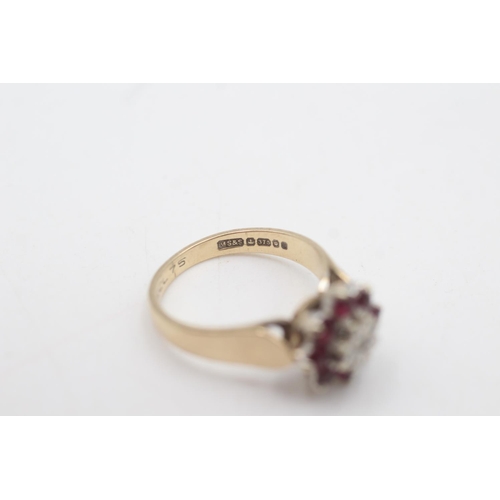 2026 - A hallmarked London 9ct gold diamond and ruby floral halo dress ring, size N½ - approx. gross weight... 