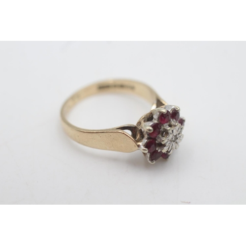 2026 - A hallmarked London 9ct gold diamond and ruby floral halo dress ring, size N½ - approx. gross weight... 