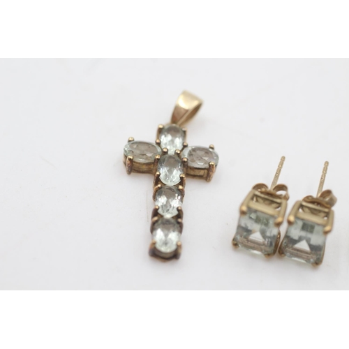 2027 - Three 9ct gold prasiolite items, one cross pendant and two pairs of stud earrings - approx. gross we... 