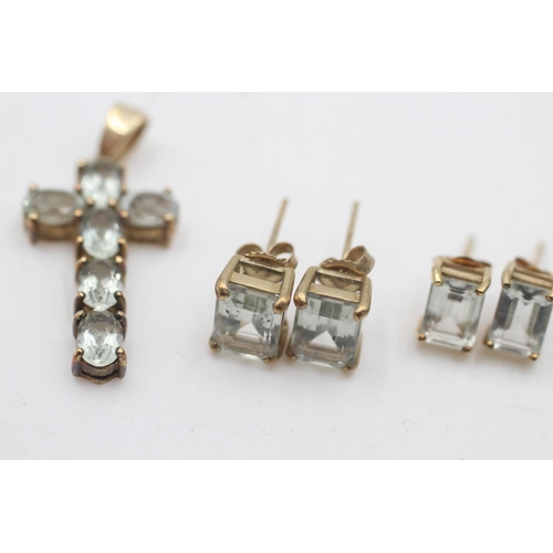 2027 - Three 9ct gold prasiolite items, one cross pendant and two pairs of stud earrings - approx. gross we... 