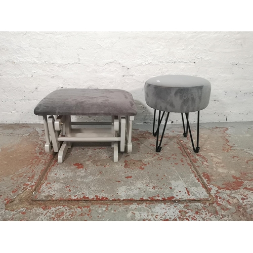 1006 - Two modern grey upholstered stools, one WarmieHomy circular and one adjustable rectangular