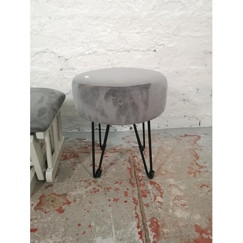 1006 - Two modern grey upholstered stools, one WarmieHomy circular and one adjustable rectangular