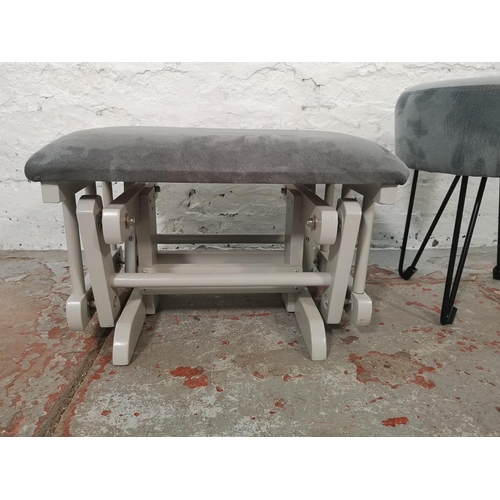 1006 - Two modern grey upholstered stools, one WarmieHomy circular and one adjustable rectangular