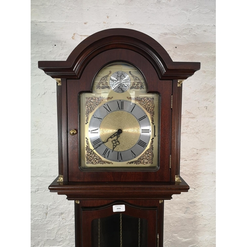 1016 - A mahogany cased Grandfather clock with Tempus Fugit face, pendulum and three weights - approx. 195c... 