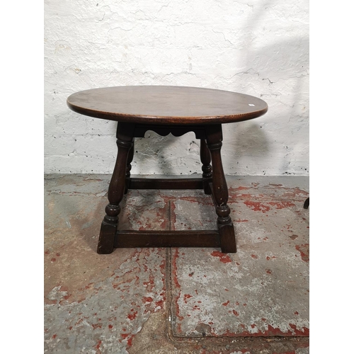 1018 - Five pieces of furniture, oak circular joint side table, mahogany three tier folding cake stand, 193... 