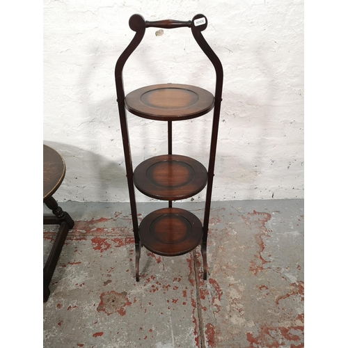 1018 - Five pieces of furniture, oak circular joint side table, mahogany three tier folding cake stand, 193... 