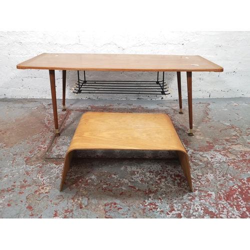 1045 - Two pieces of furniture, one mid 20th century teak effect rectangular coffee table with lower black ... 