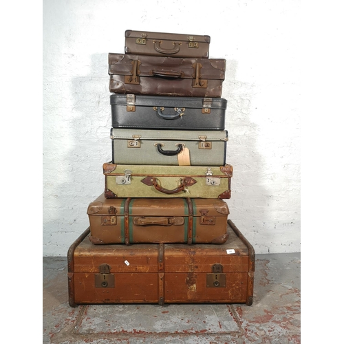 1073 - Seven assorted antique and vintage suitcases and travel trunks - largest approx. 33cm high x 90cm wi... 