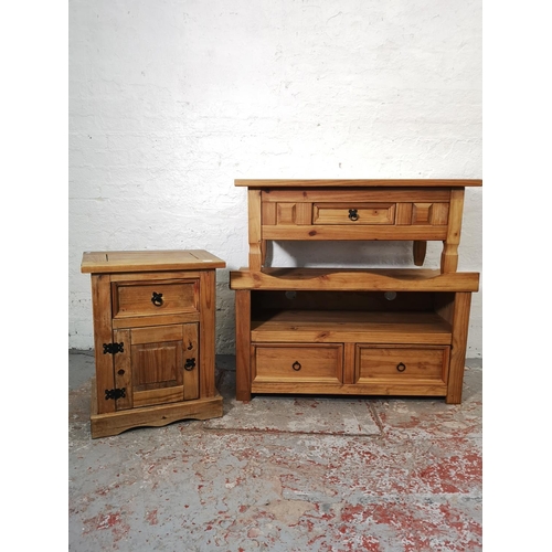 1089 - Three pieces of Mexican pine furniture, bedside cabinet - approx. 67.5cm high x 53cm wide x 39cm dee... 