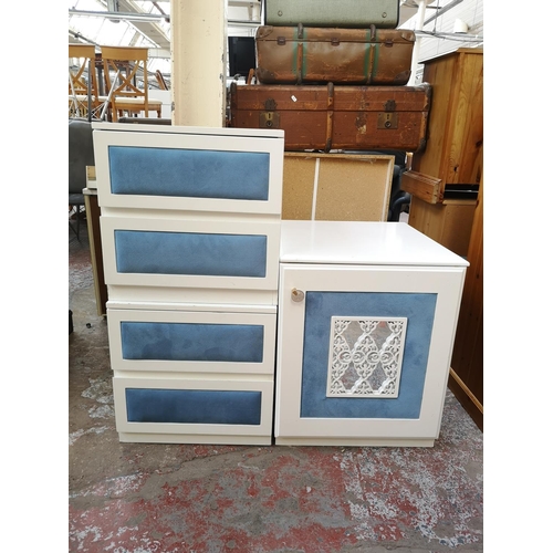 1093 - Three pieces of contemporary white painted and blue fabric furniture, two bedside cabinets - approx.... 