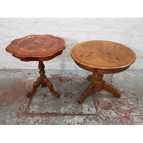 1095A - Two pedestal occasional tables, one Italian style inlaid walnut effect serpentine - approx. 64cm hig... 