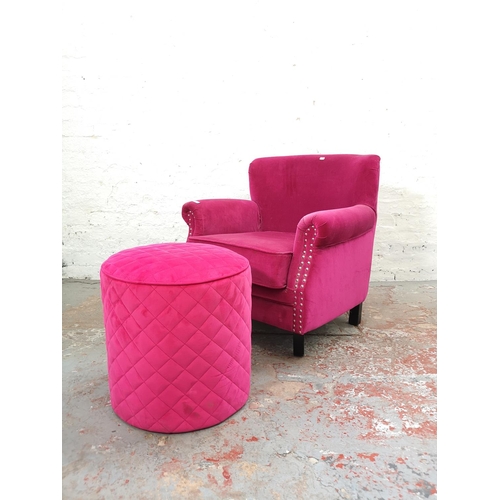 1105 - A modern pink upholstered metal studded armchair with similar circular footstool - Chair approx. 78c... 